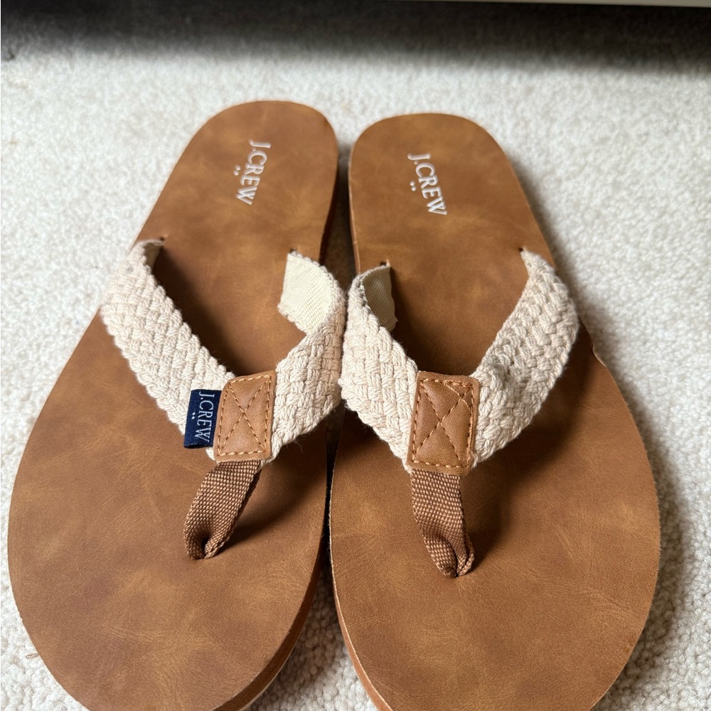 Mens J. Crew Tan Leather‎ and Cream Braided Beach Sandals Sz 11